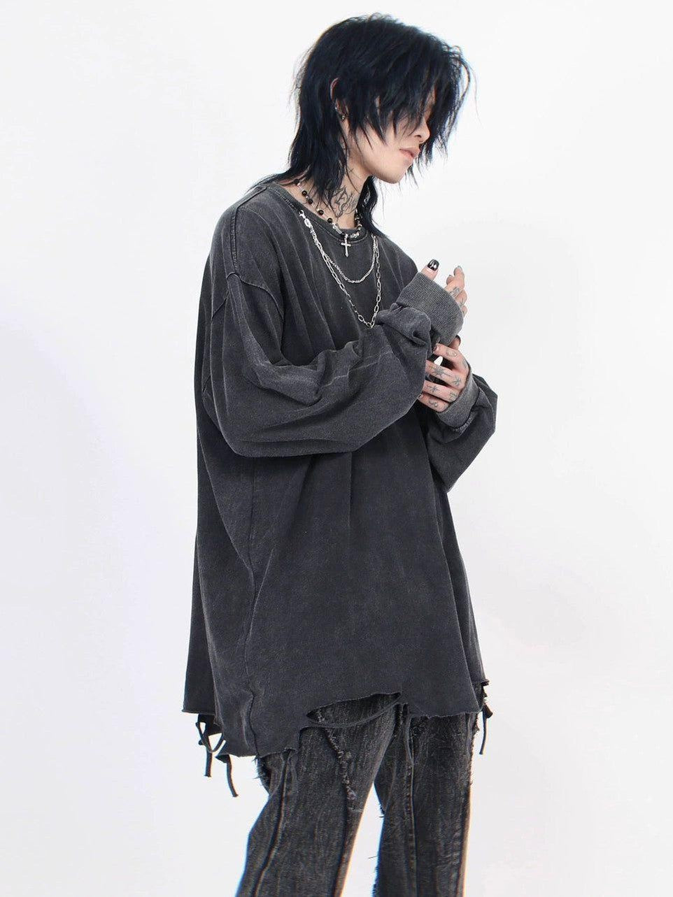 Men's Distressed Long-Sleeve Tee with Cross Necklace