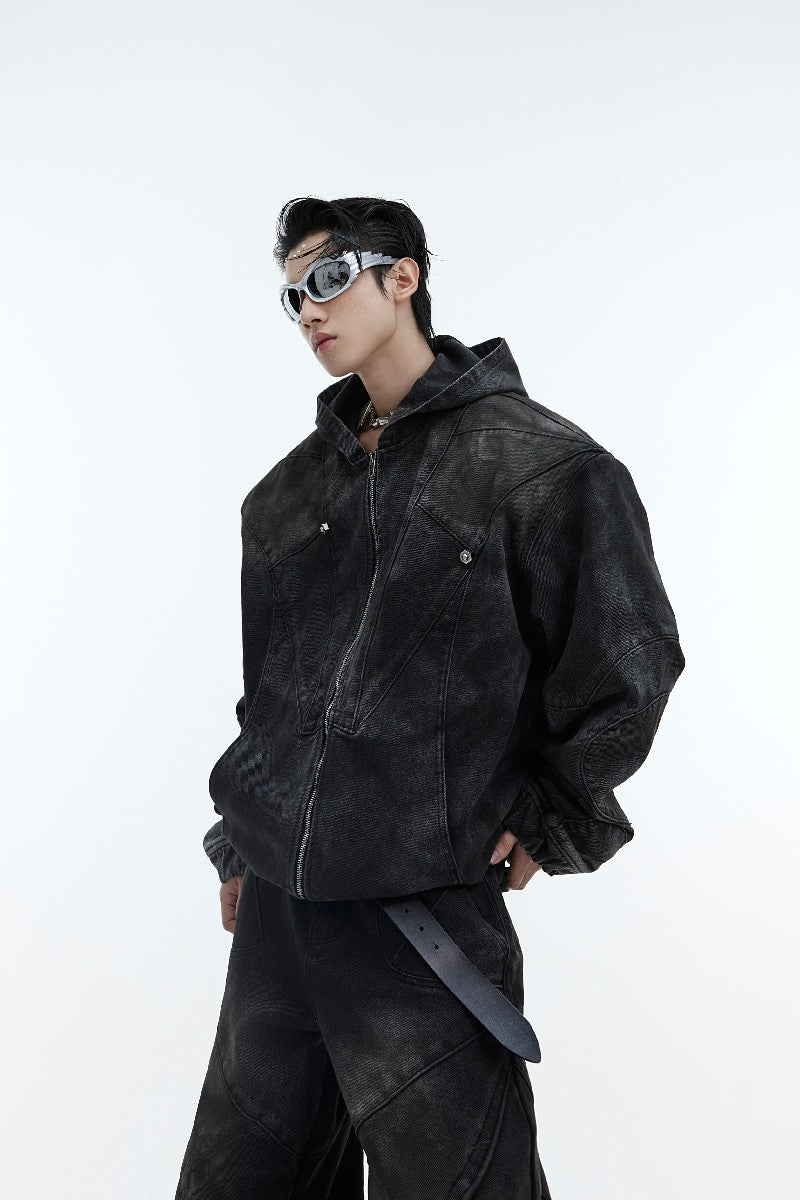 Distressed Hooded Shoulder-Pad Denim Jacket
