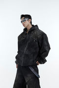 Distressed Hooded Shoulder-Pad Denim Jacket