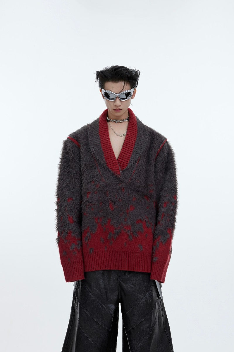 Gradient Shaggy V-Neck Knit Sweater