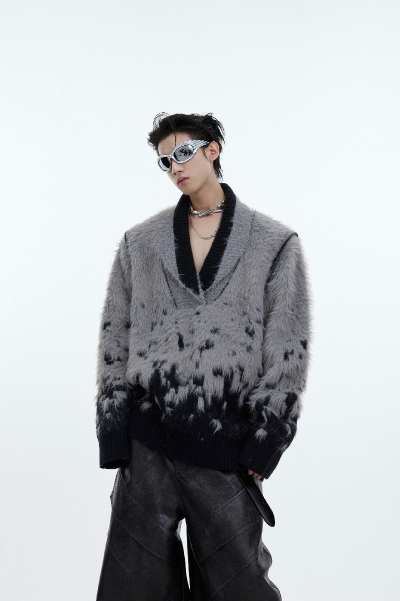 Gradient Shaggy V-Neck Knit Sweater