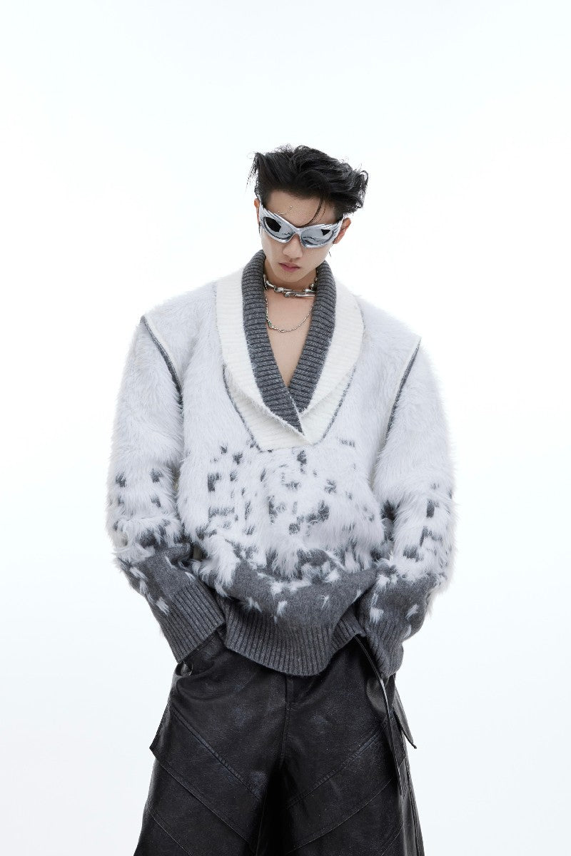 Gradient Shaggy V-Neck Knit Sweater