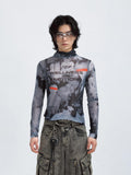 Printed Mesh Turtleneck Futuristic Sweatshirt