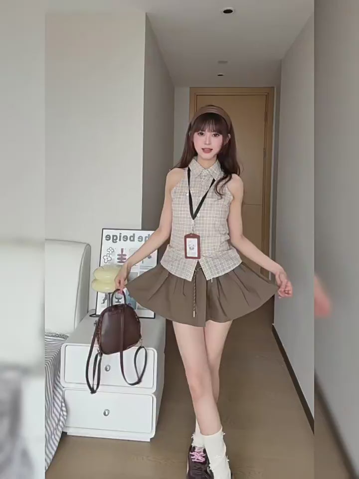 Plaid Sleeveless Button-Up Shirt with Brown Pleated Skirt