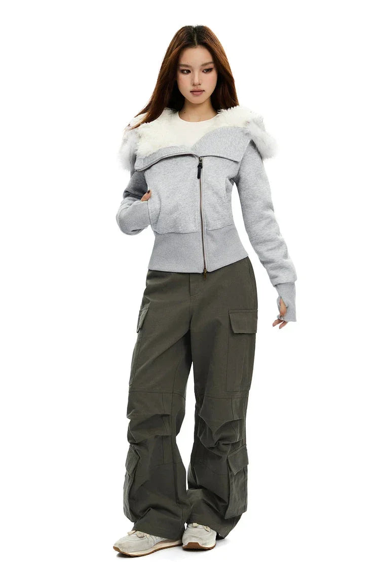 Zip-Up Hoodie with White Faux Fur Hood Trim