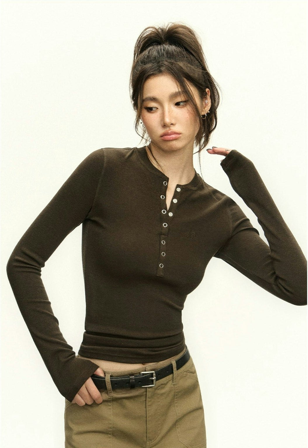 Ribbed Henley Crew Neck Crop Top