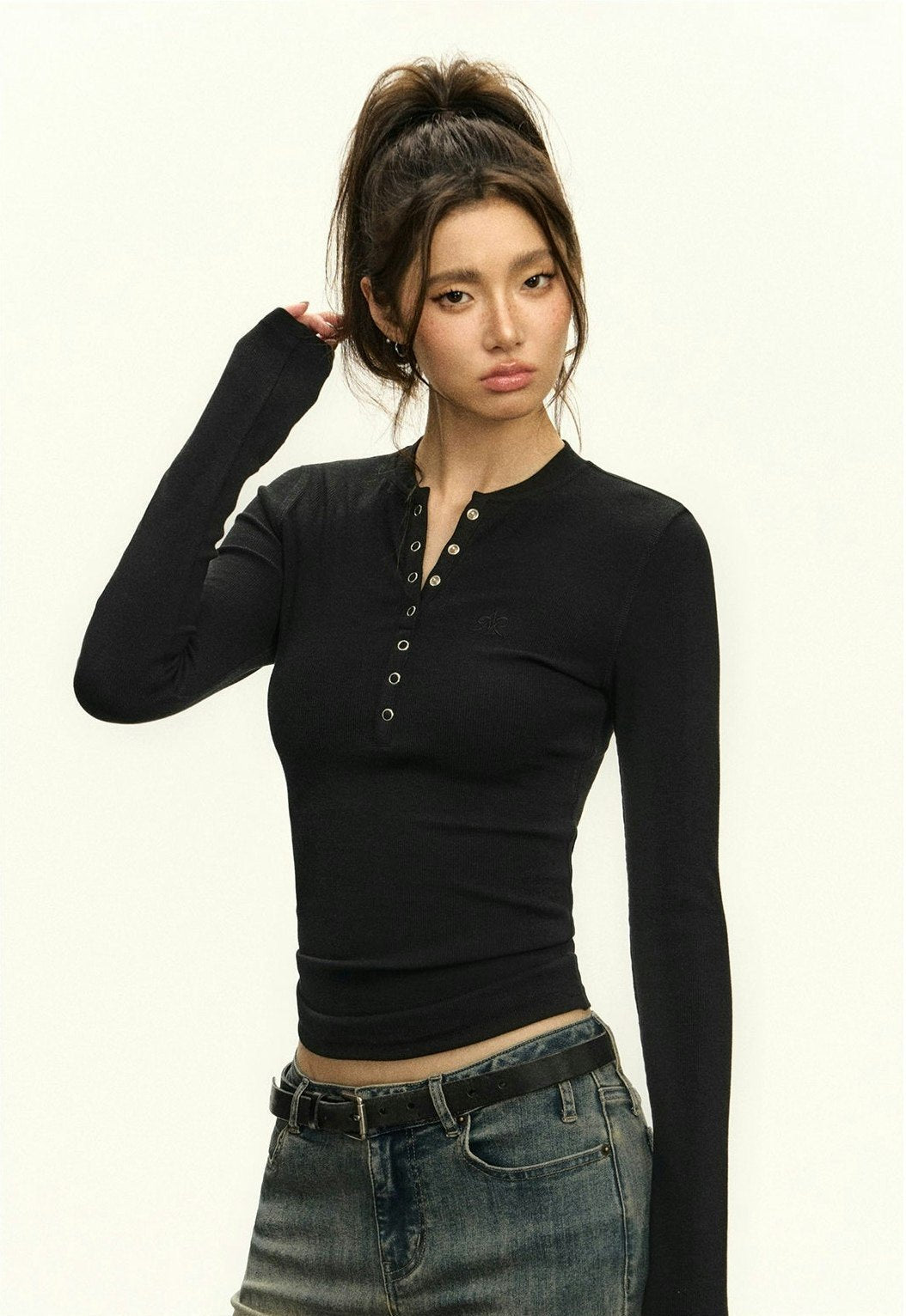 Ribbed Henley Crew Neck Crop Top