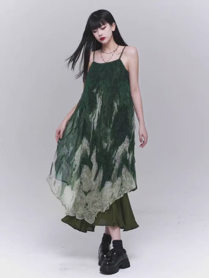 Forest Sprite Layered Maxi Dress - Women'S Green Ombre Tie-Dye Slip Dress With Asymmetrical Hem