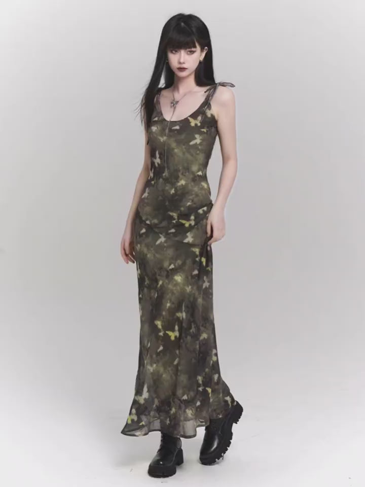 Woodland Whisper Maxi Dress - Women'S Camo-Inspired Butterfly Print Slip Dress