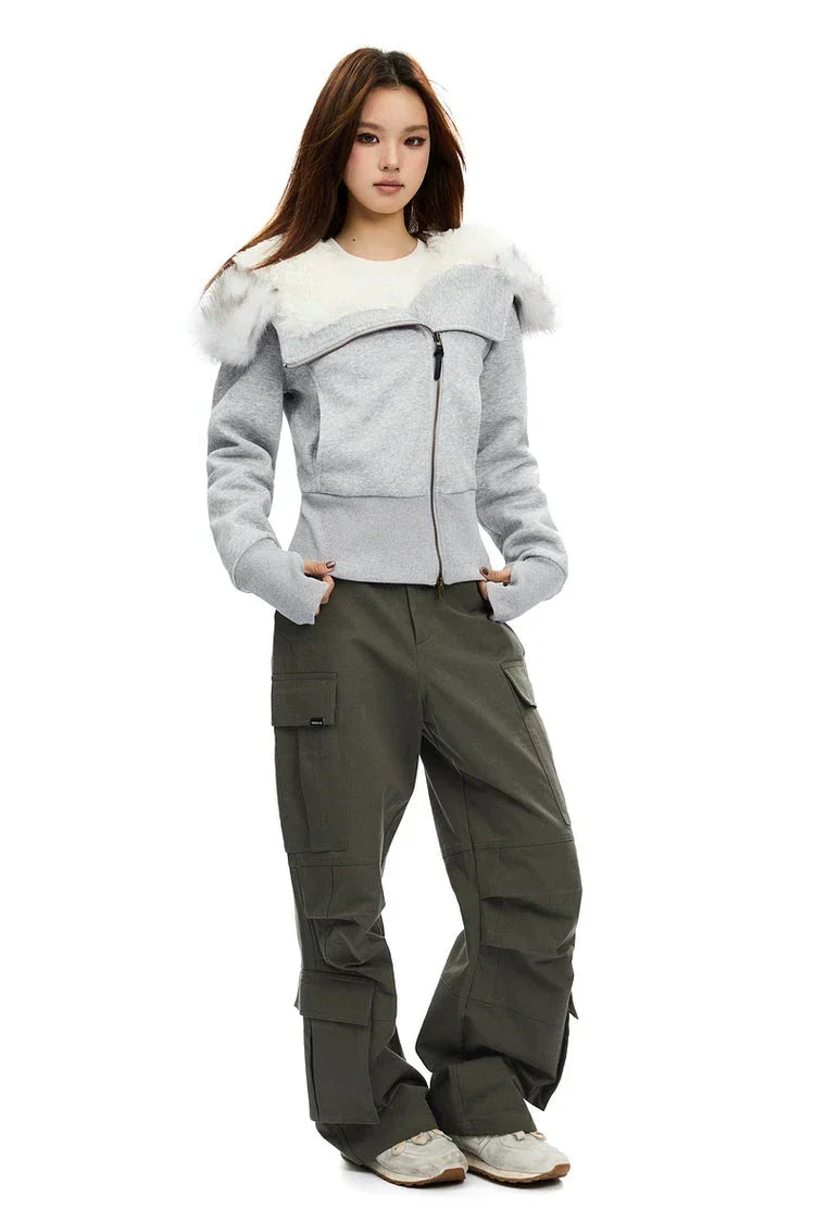 Zip-Up Hoodie with White Faux Fur Hood Trim