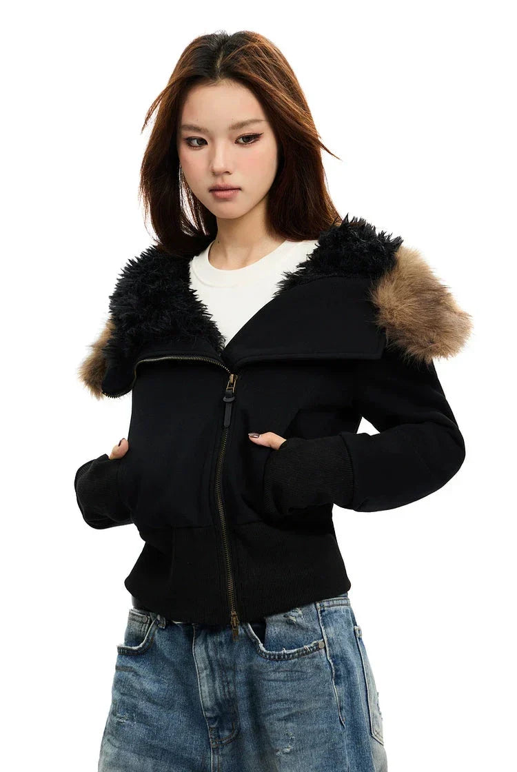 Zip-Up Hoodie with White Faux Fur Hood Trim