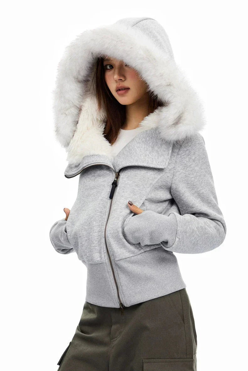 Zip-Up Hoodie with White Faux Fur Hood Trim