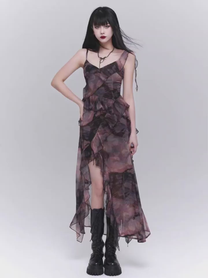 Dark Glamour Asymmetrical Maxi Dress - Women'S Sheer Floral Print Ruffle Dress With High Slit