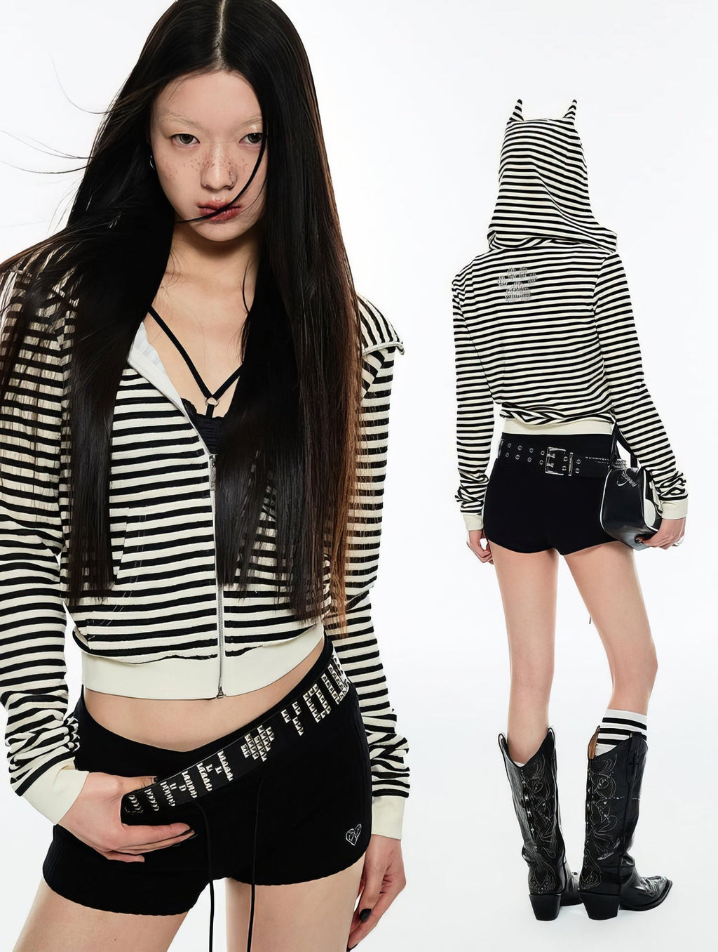 Striped Cat Ear Zip Hoodie
