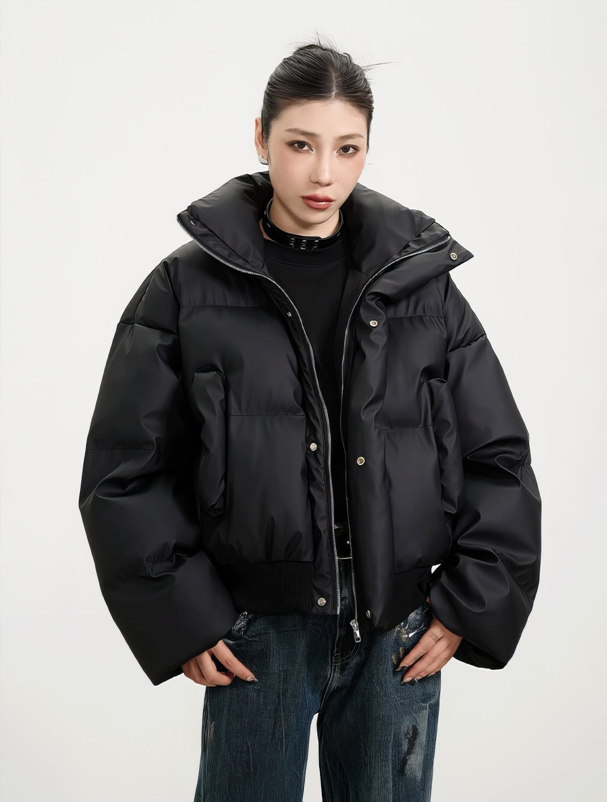 Ribbed Hem Puffer Winter Jacket