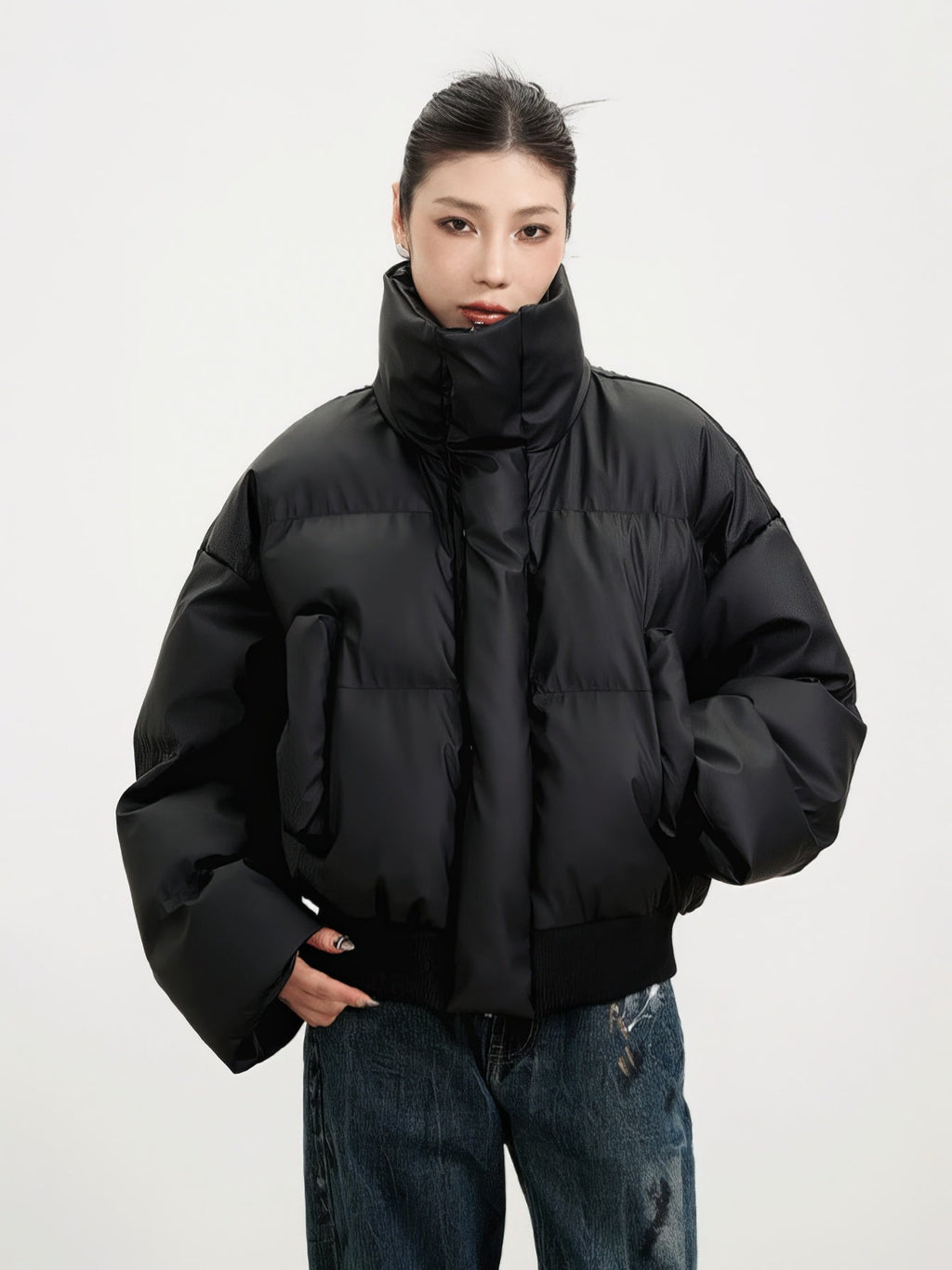 Ribbed Hem Puffer Winter Jacket