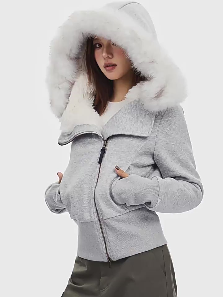 Zip-Up Hoodie with White Faux Fur Hood Trim