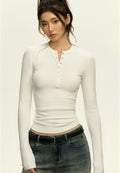 Ribbed Henley Crew Neck Crop Top