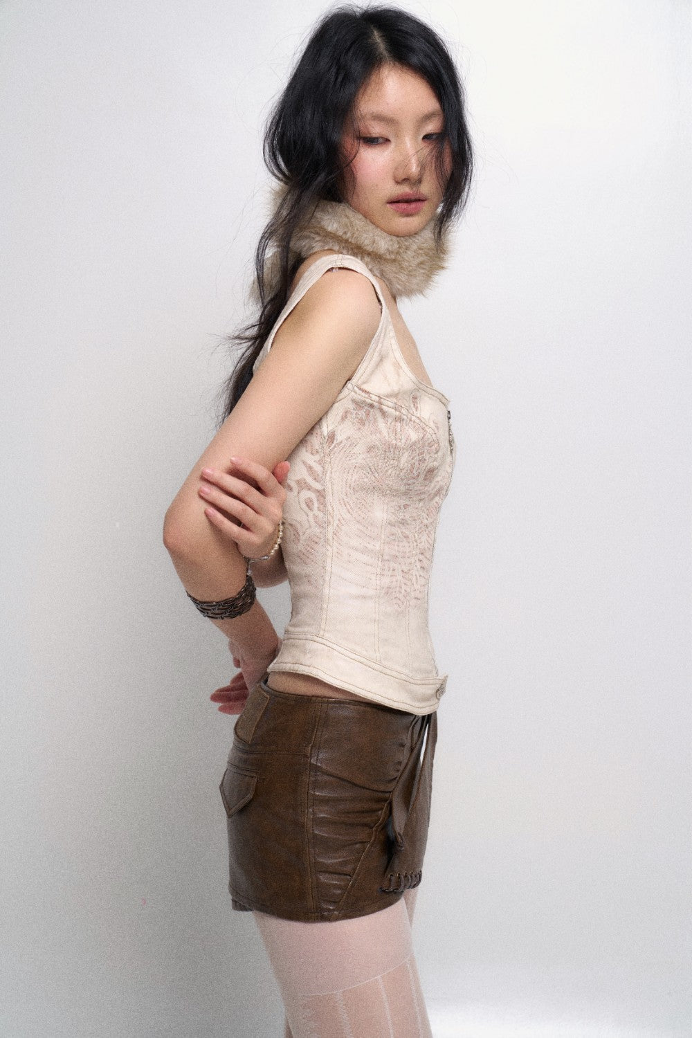 Fur-Trimmed Lace Corset Top