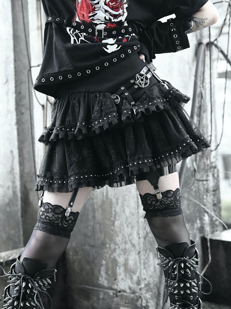 BLOOD SUPPLY Black Gothic Lolita Tiered Ruffle Skirt