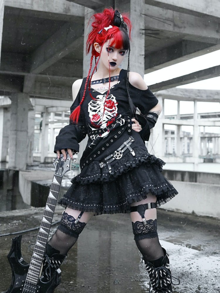 BLOOD SUPPLY Black Gothic Lolita Tiered Ruffle Skirt