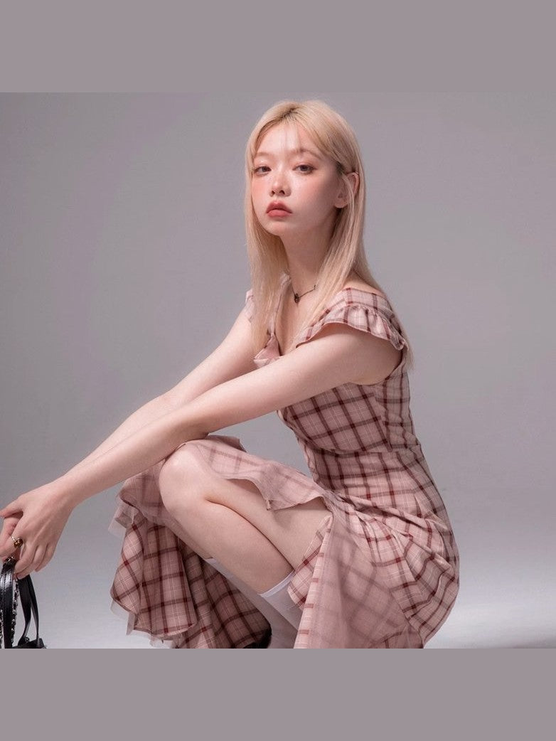 Blush Plaid Flutter Midi Dress